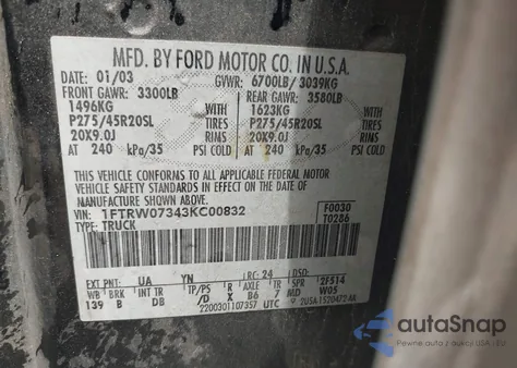 2003 Ford F150 Lariat from USA, damaged, VIN 1FTRW07343KC00832